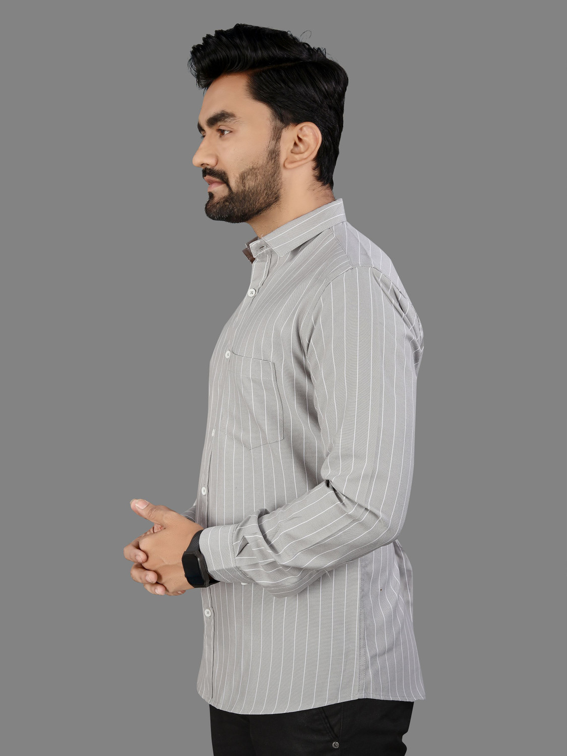 Image of MILDIN Men Striped Casual Grey Shirt