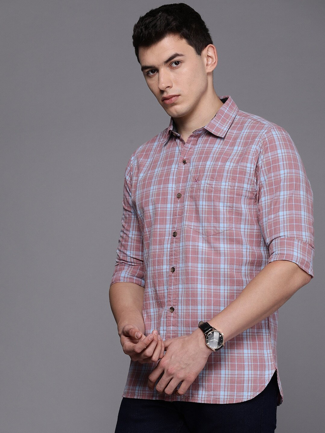Image of WROGN Men Checkered Casual Pink Shirt