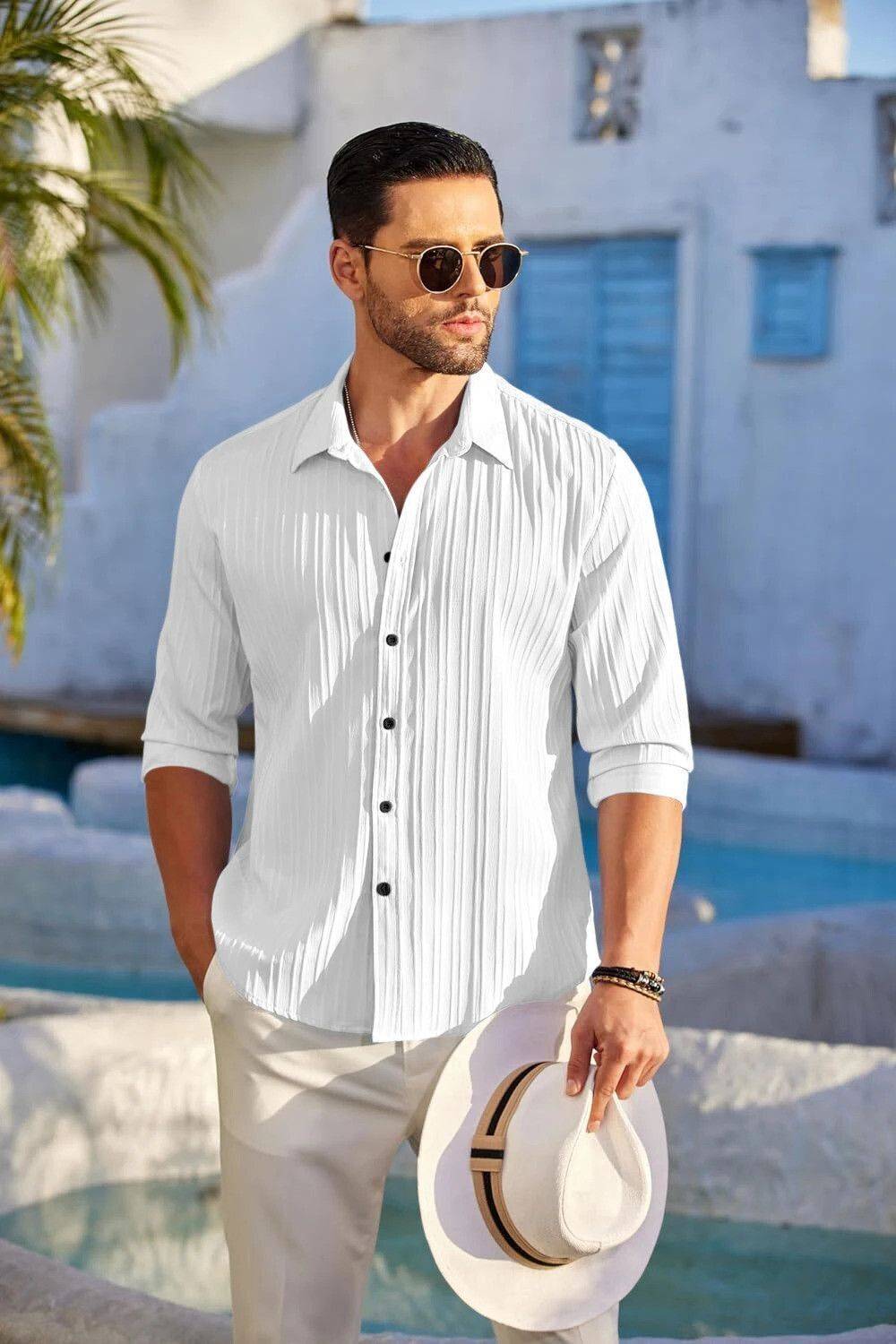zbio Men Striped Casual White Shirt
