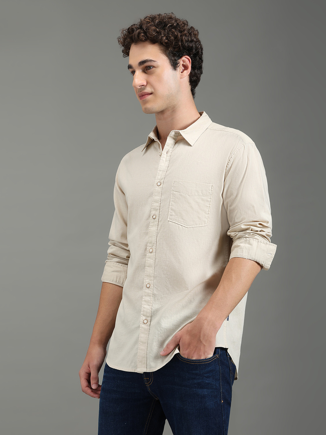 Image of Pepe Jeans Men Solid Casual Beige Shirt