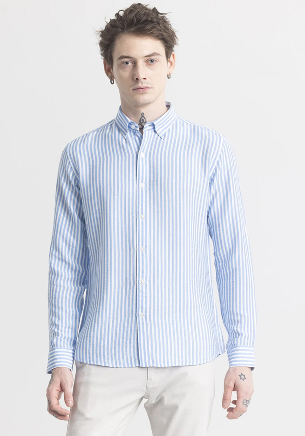 Image of FUBAR Men Striped Casual Light Blue Shirt