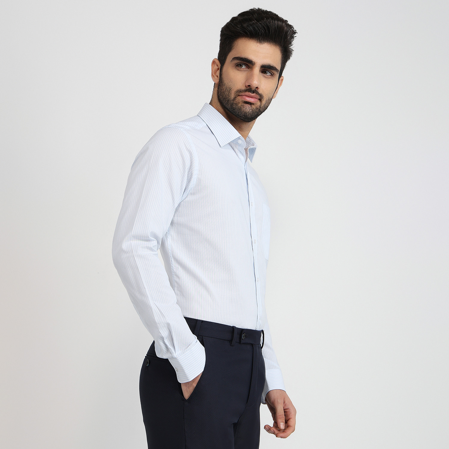 Image of Raymond Men Slim Fit Striped Cut Away Collar Formal Shirt