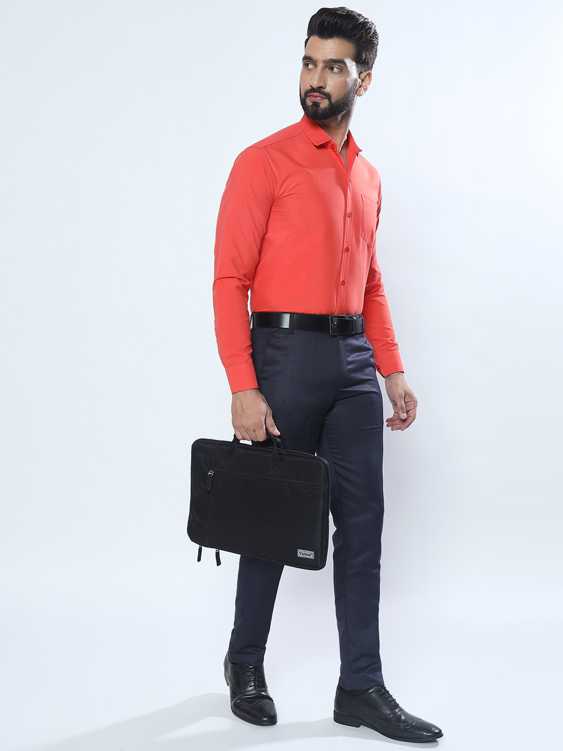 Image of YOUTH FIRST INDIAN BRAND Men Solid Formal Orange, Light Blue Shirt