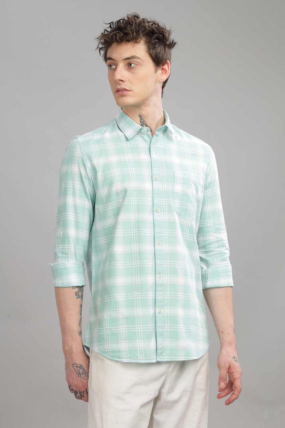 Image of BLU MNKY Men Checkered Casual Light Green Shirt