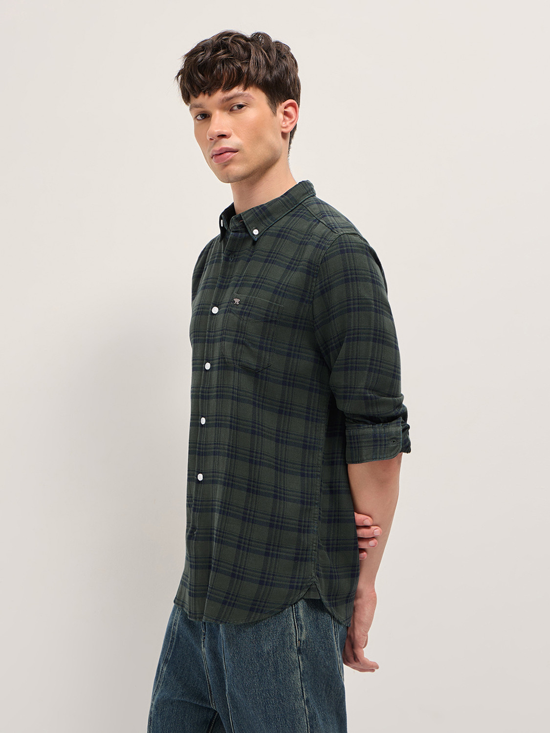 Image of THE BEAR HOUSE Men Checkered Casual Green Shirt