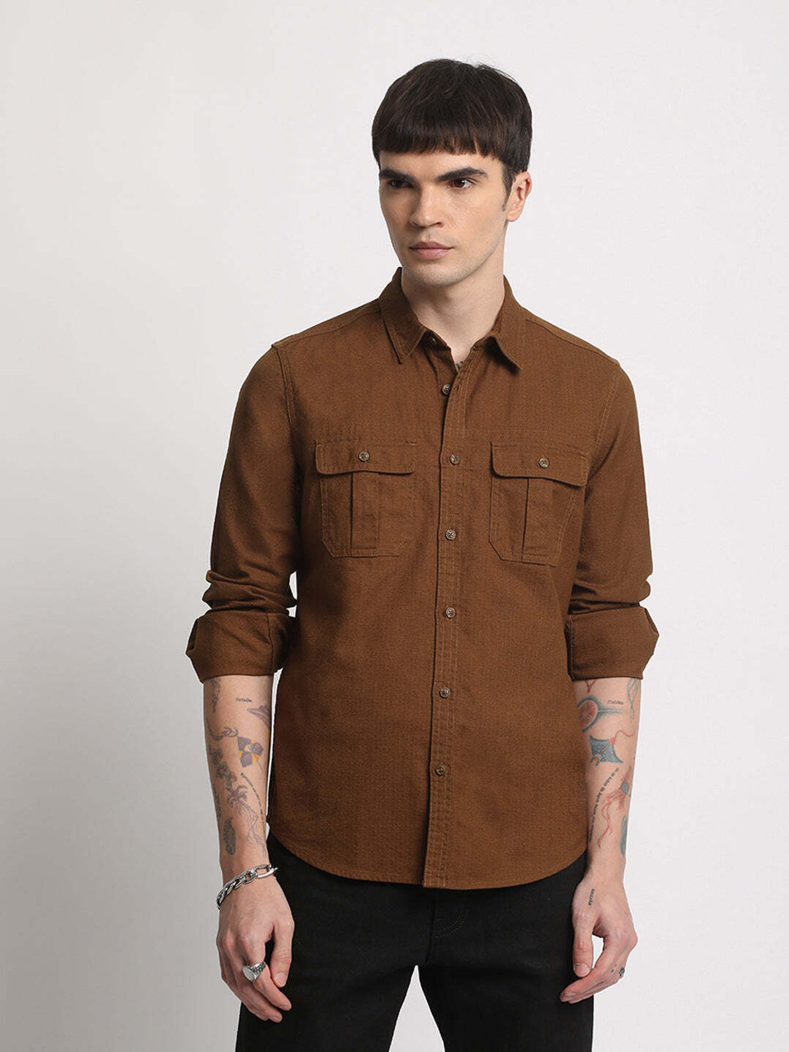 Image of THE BEAR HOUSE Men Solid Casual Brown Shirt