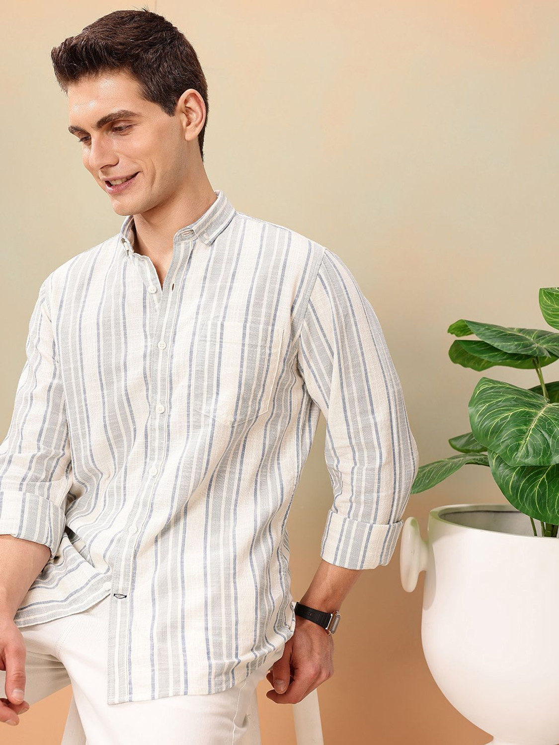 Image of Mast & Harbour Men Striped Casual White Shirt