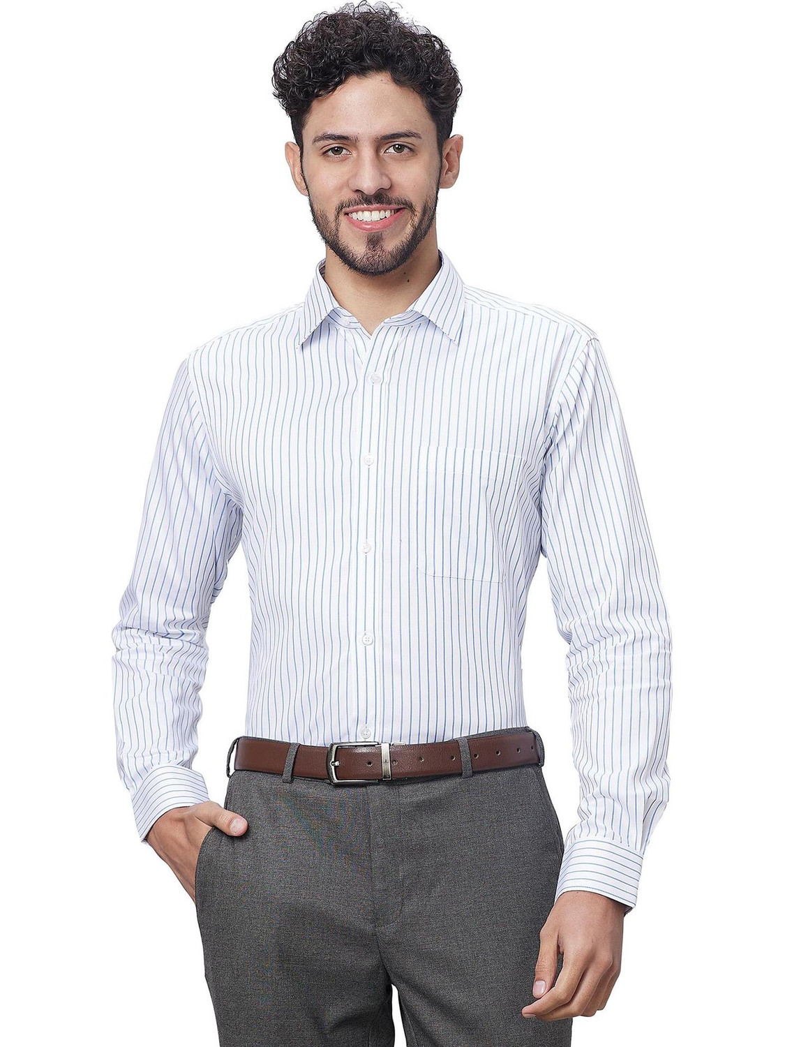 Image of Raymond Men Striped Formal Blue Shirt