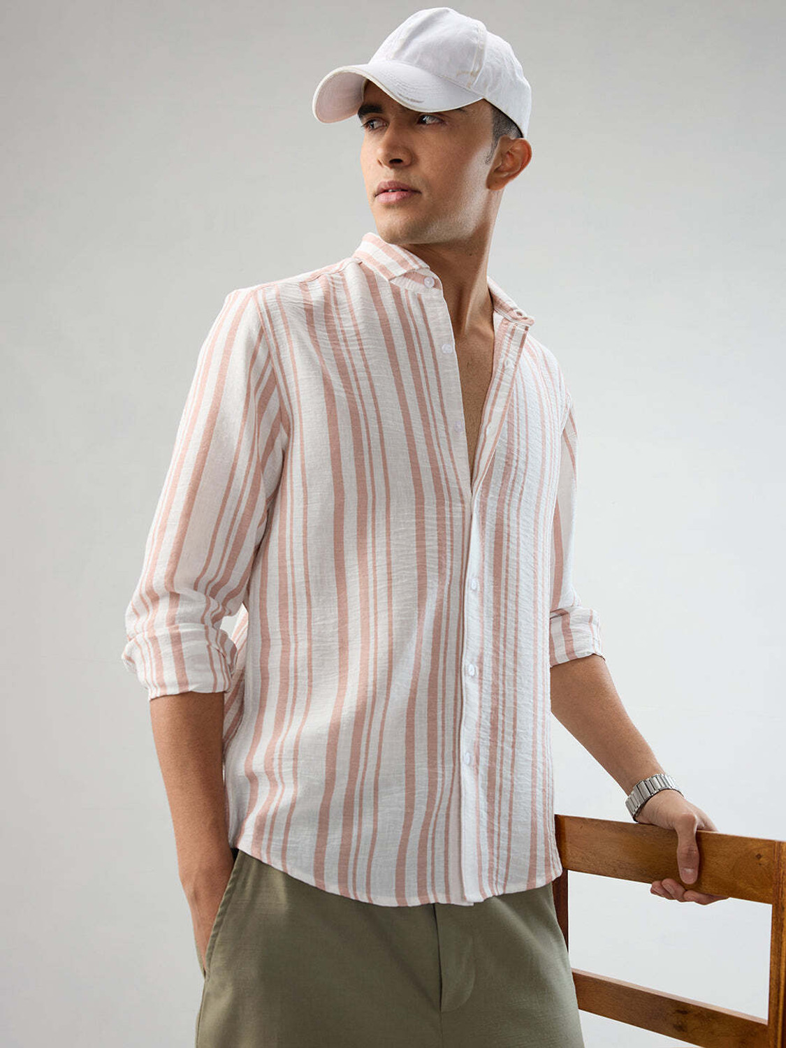 Image of VASTRADO Men Regular Fit Striped Cut Away Collar Casual Shirt