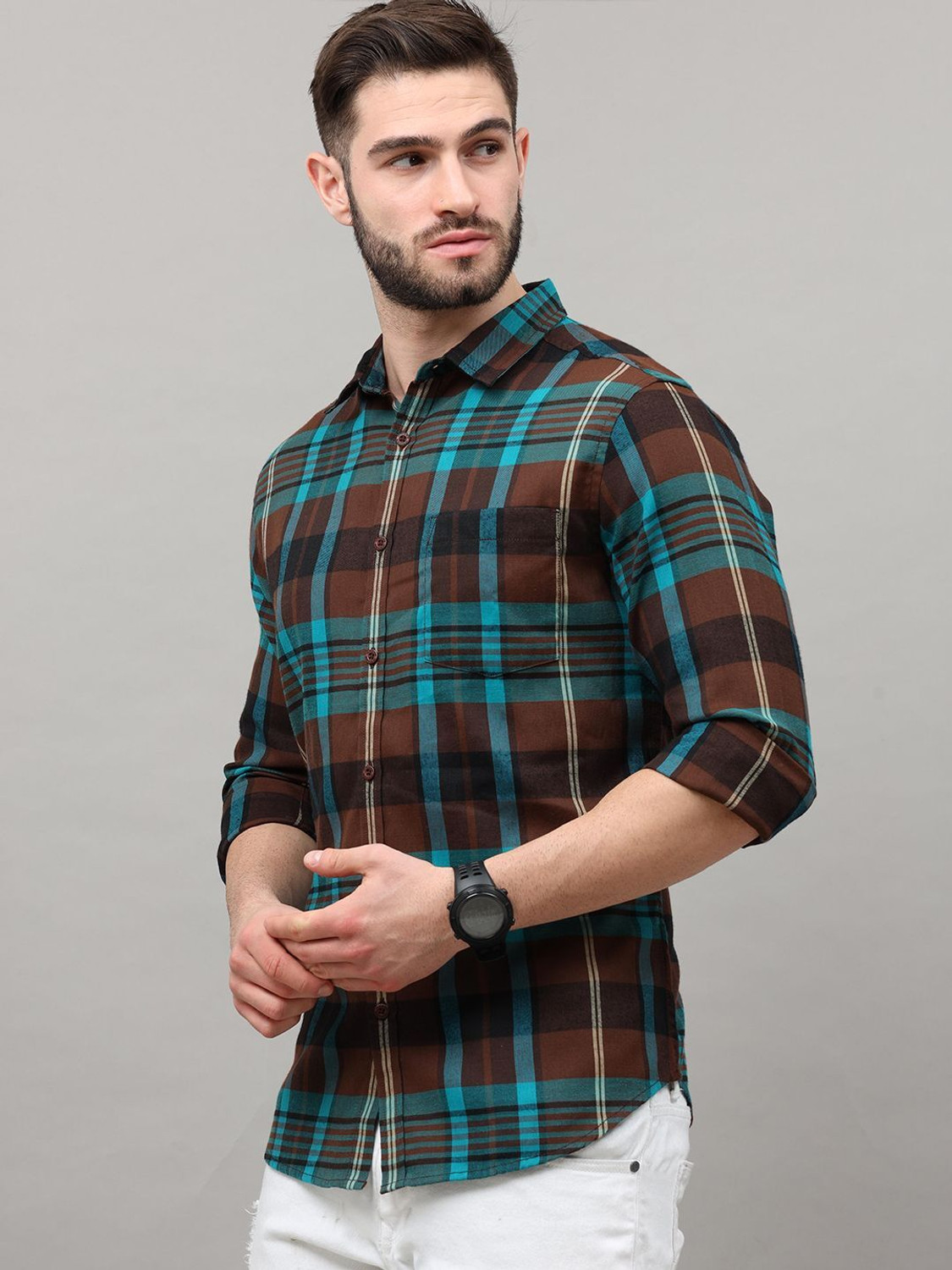 Image of HERE&NOW Men Checkered Casual Blue Shirt