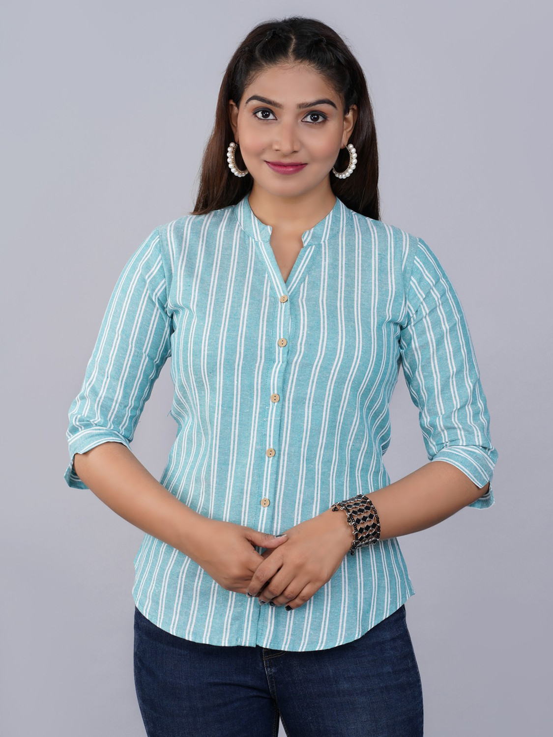 Image of FABISHO Women Striped Casual Light Blue Shirt