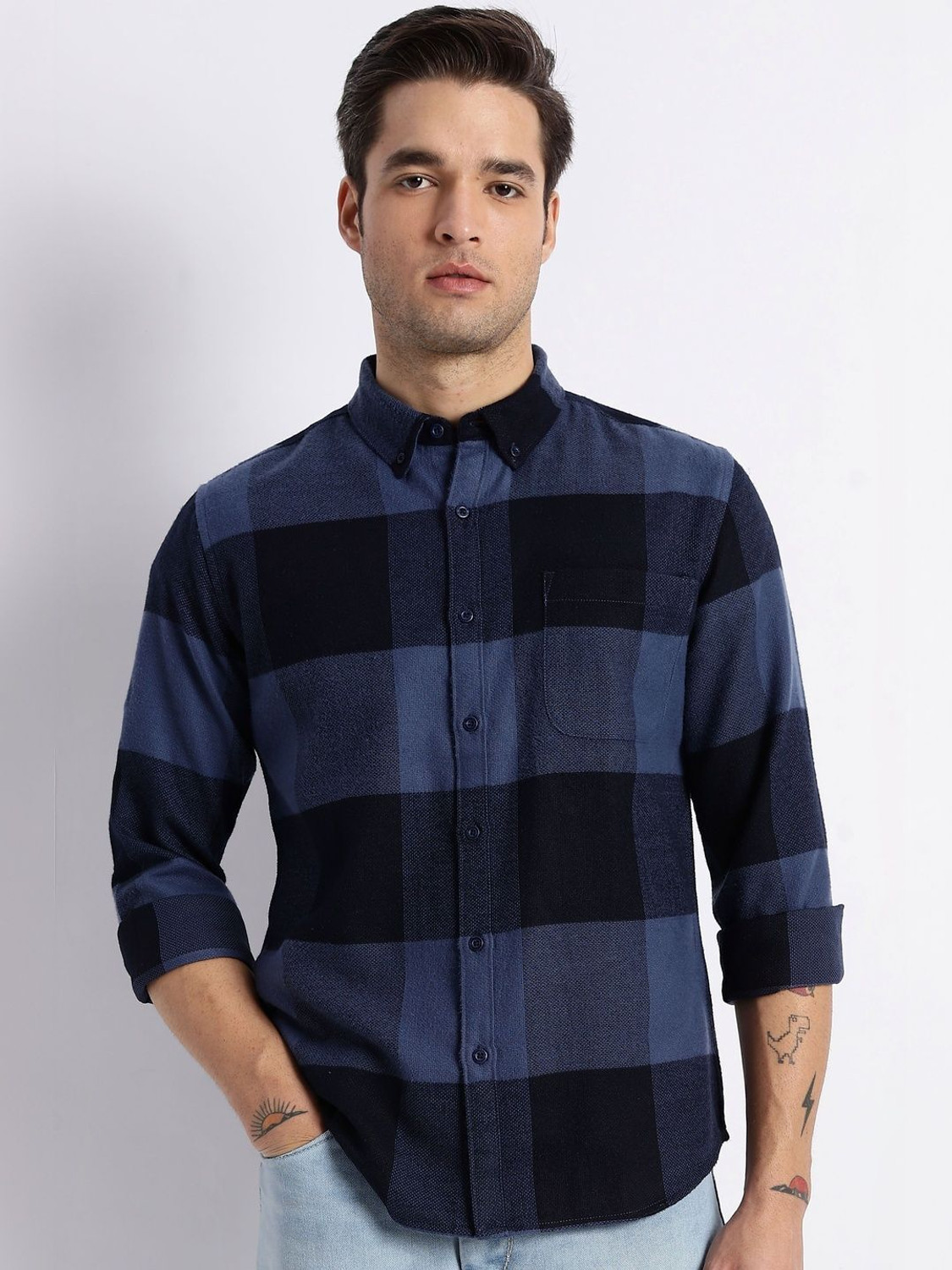 Image of HERE&NOW Men Checkered Casual Blue Shirt