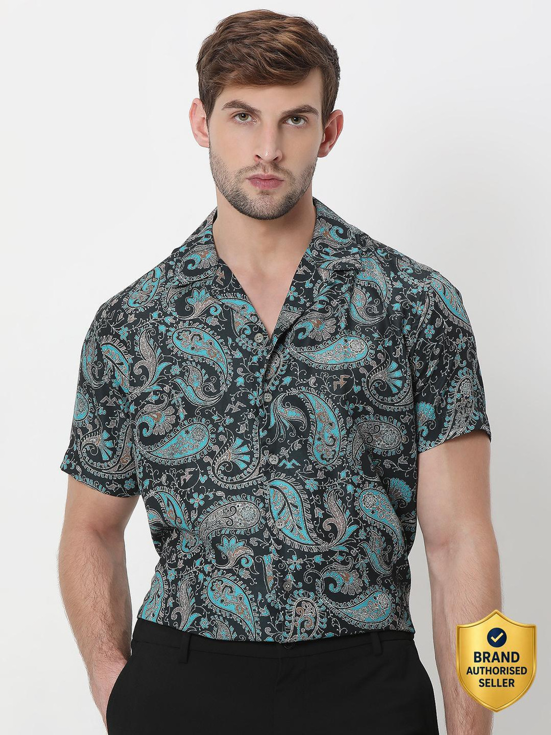 Image of MUFTI Men Printed Casual Black, Light Blue, Grey Shirt