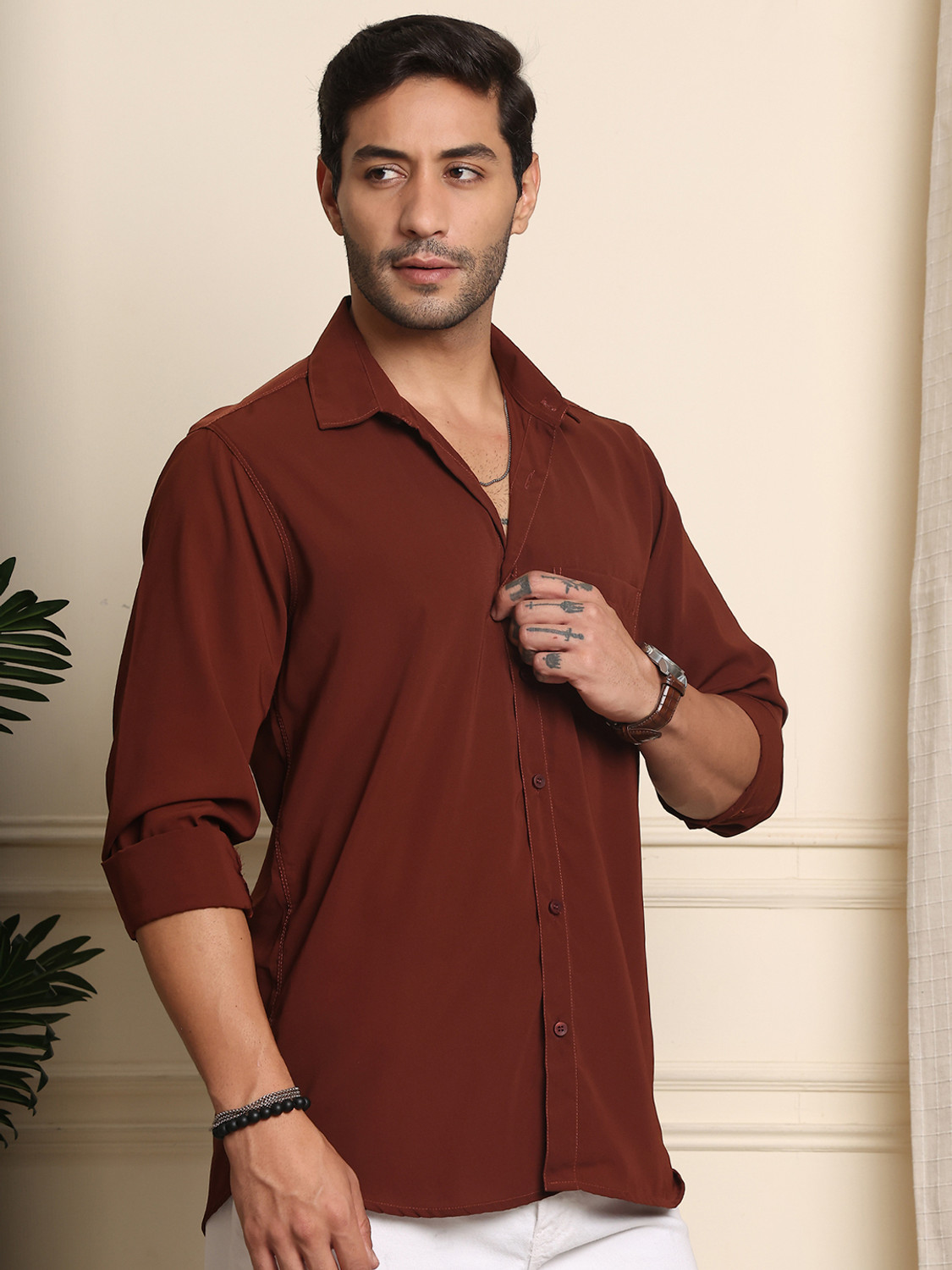 Image of PROVOGUE Men Regular Fit Solid Spread Collar Formal Shirt
