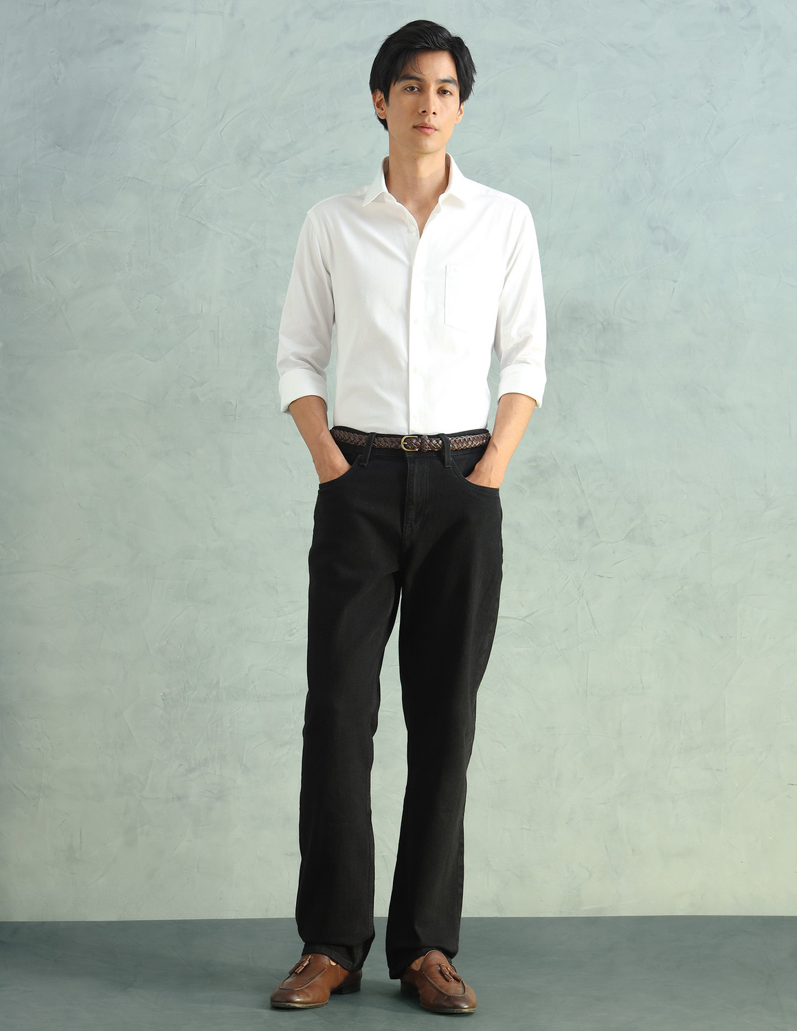 Image of ARROW Men Self Design Formal White Shirt