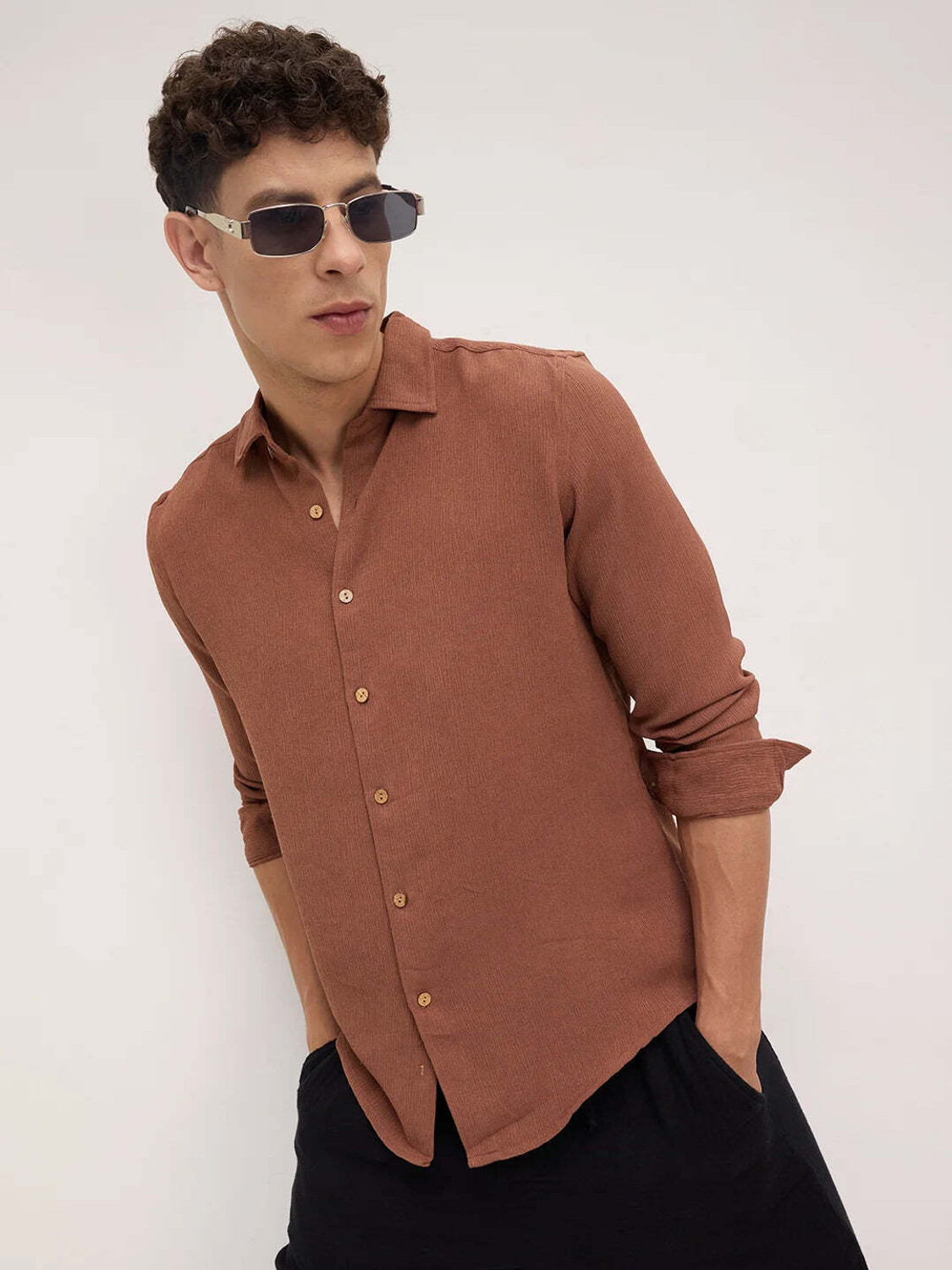 Image of VASTRADO Men Solid Casual Brown Shirt