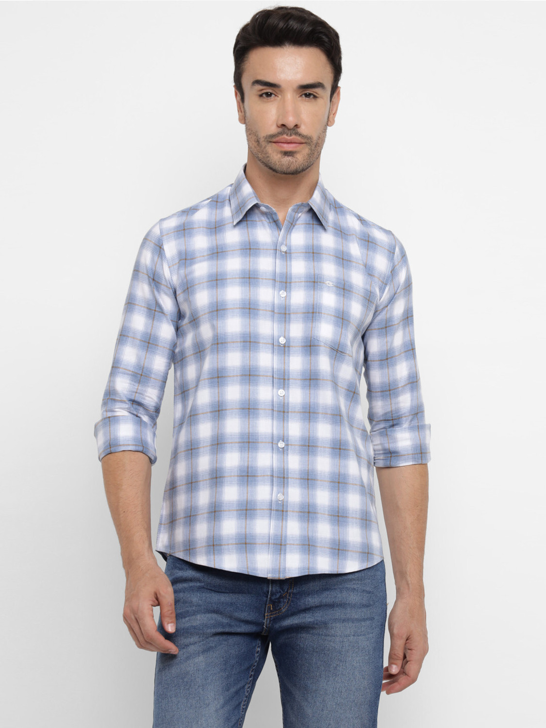 Image of Allen Cooper Men Checkered Casual Blue, White Shirt