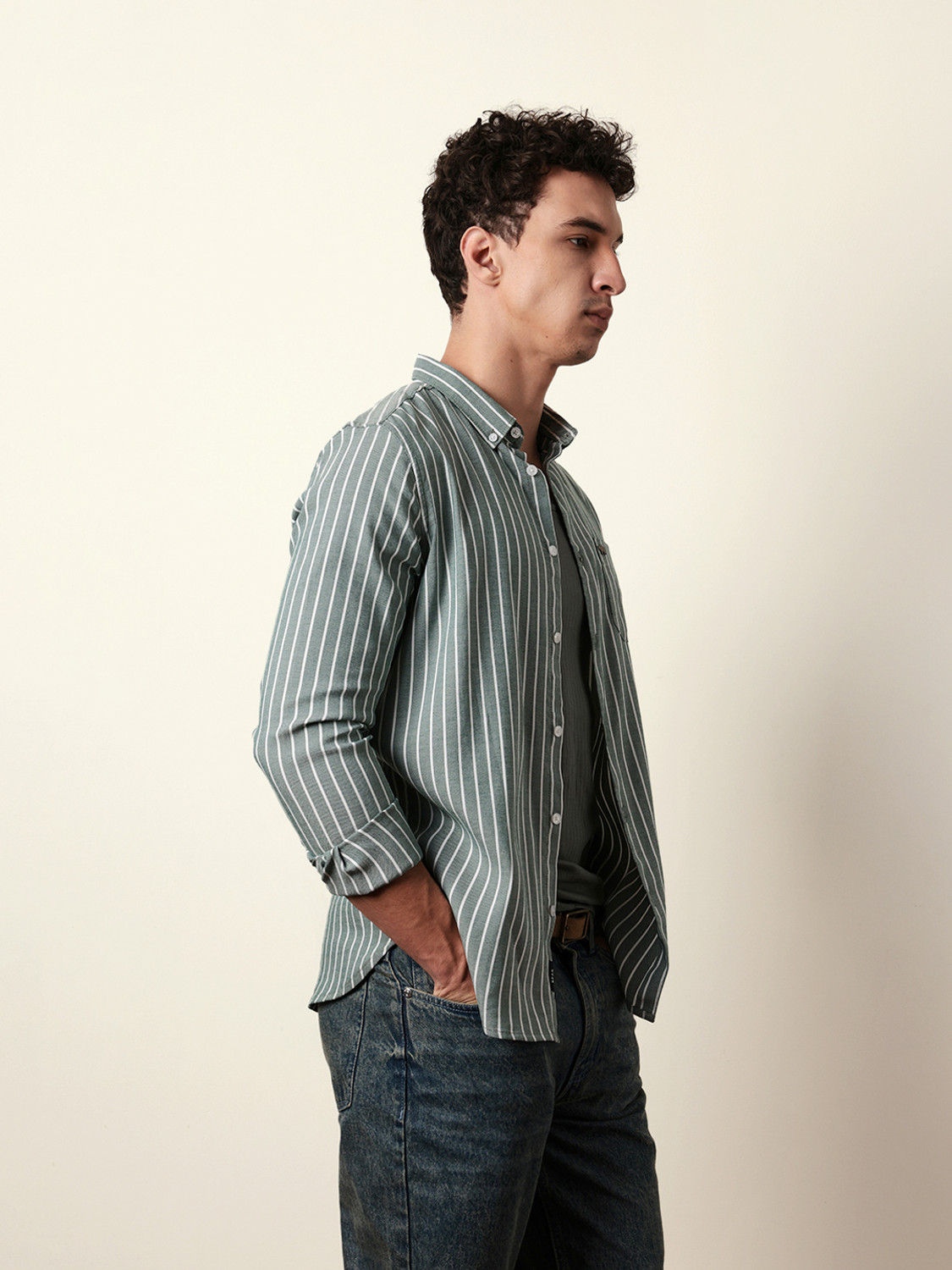 Image of THE BEAR HOUSE Men Striped Casual Green Shirt