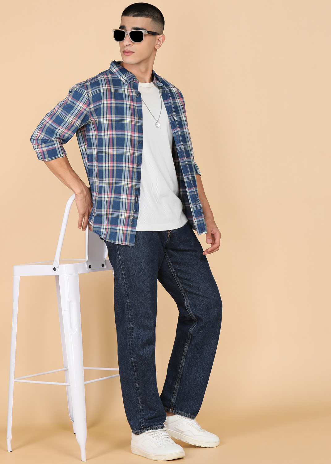Image of United Colors of Benetton Men Checkered Casual Dark Blue Shirt