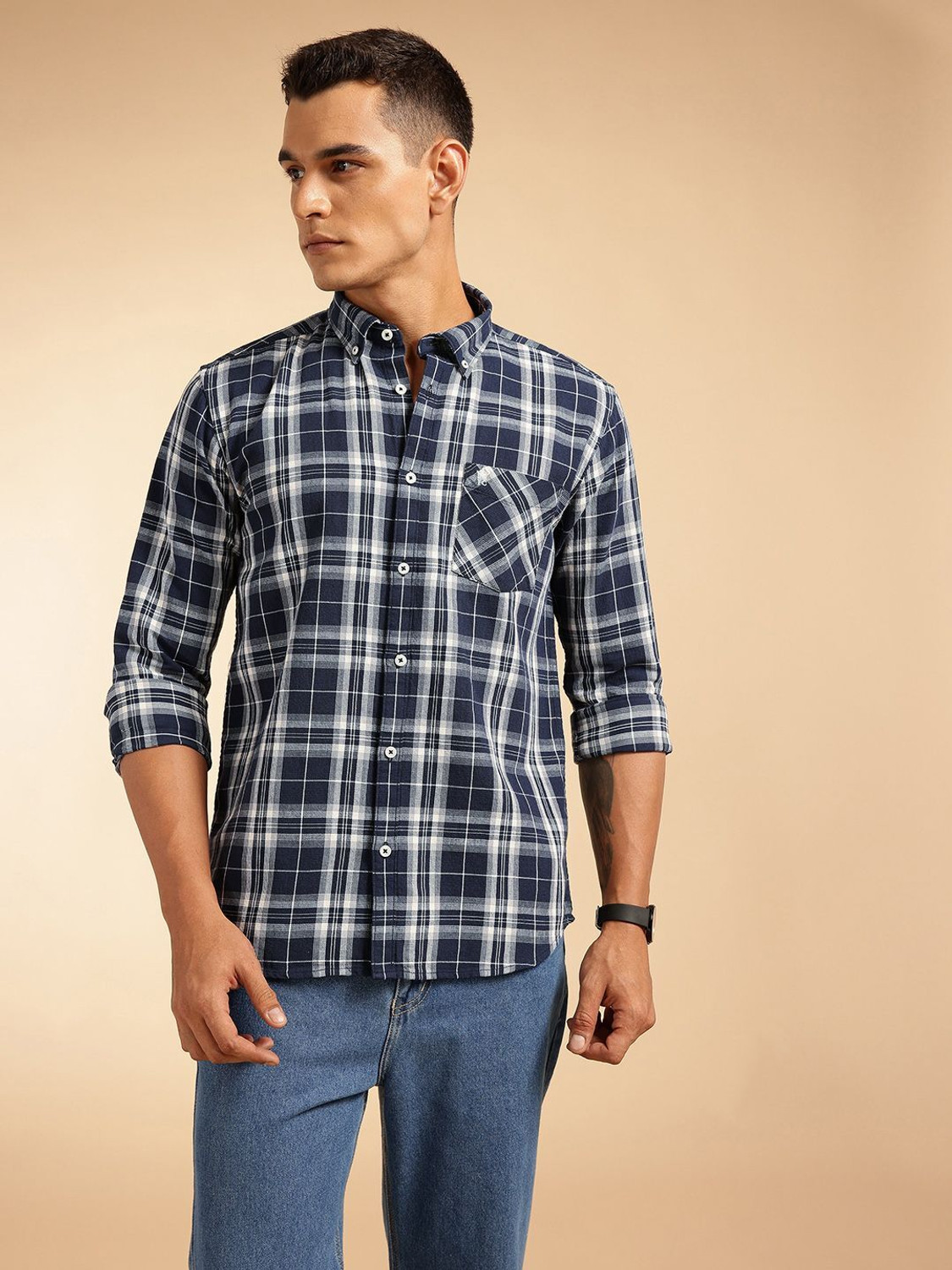 Image of French Connection Men Checkered Casual Blue Shirt