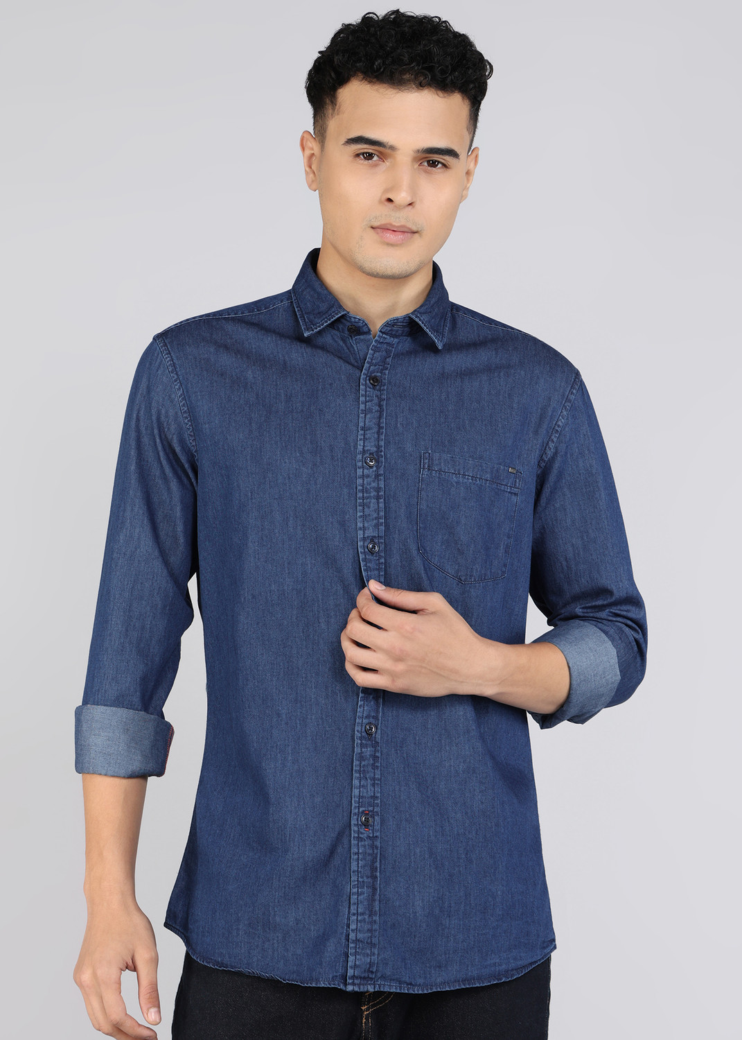 Image of KILLER Men Solid Casual Dark Blue Shirt