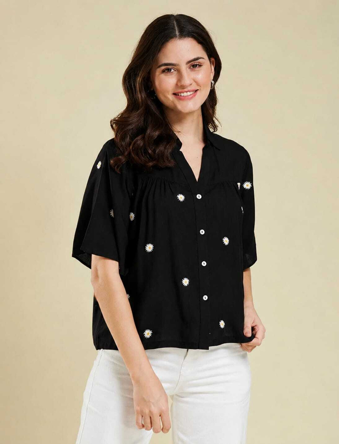 Image of ME AND FOX Women Embroidered Casual Black Shirt