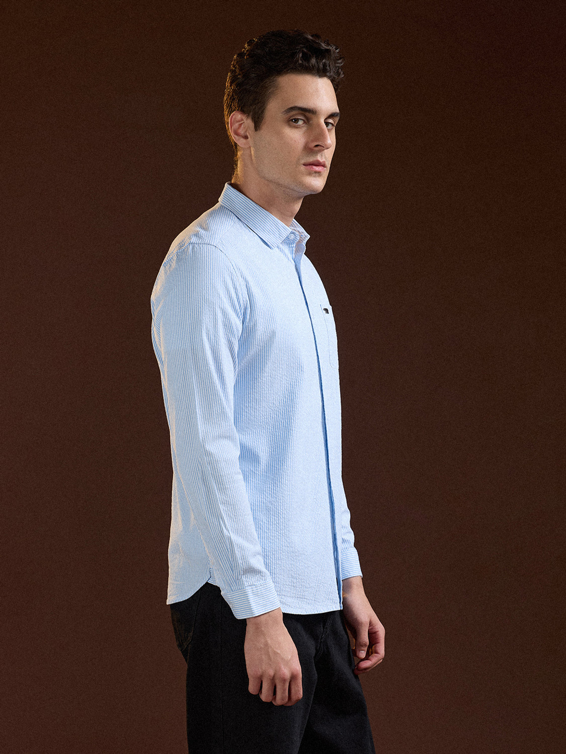 Image of THE BEAR HOUSE Men Striped Casual Blue Shirt