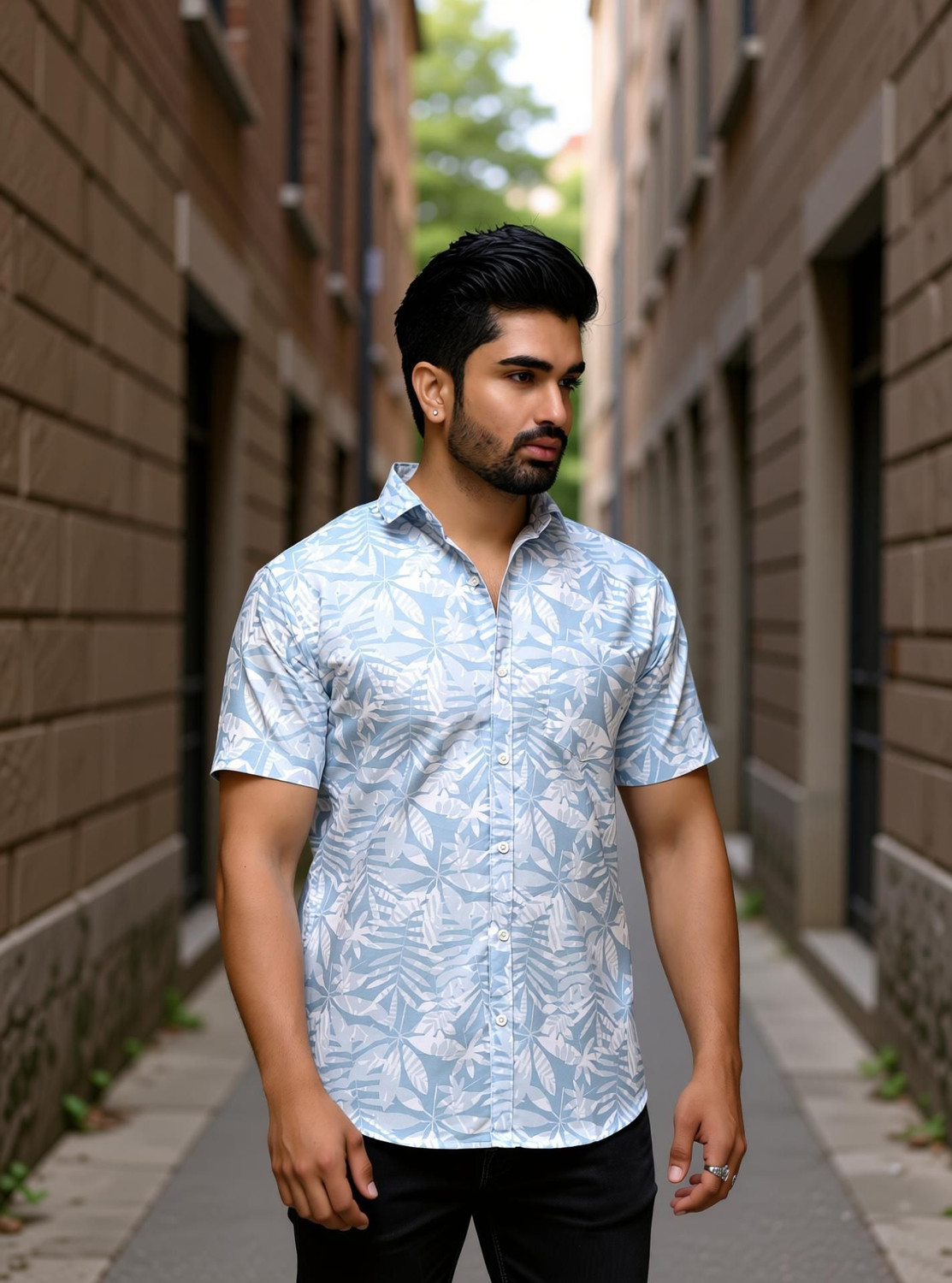 Image of Dargon Men Floral Print Casual Light Blue Shirt