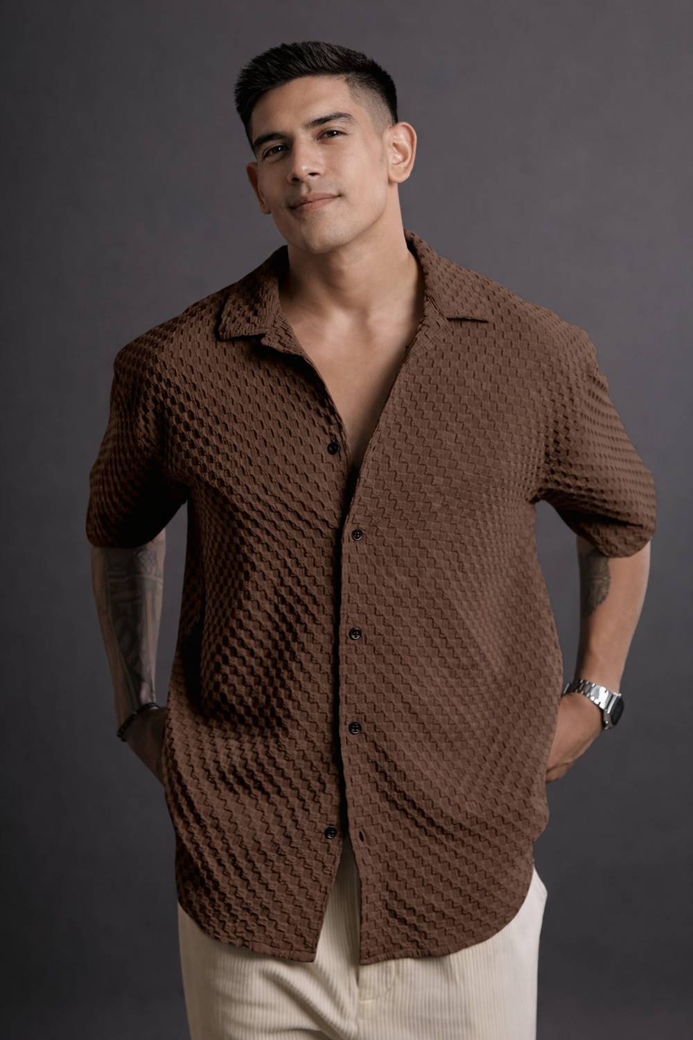 AANKLAR Men Self Design Casual Brown Shirt