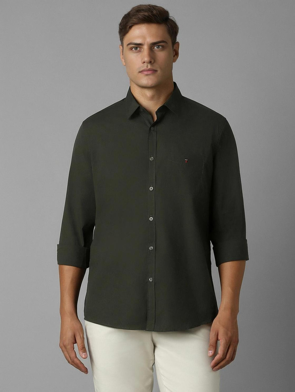 Image of Louis Philippe Sport Men Solid Casual Dark Green Shirt