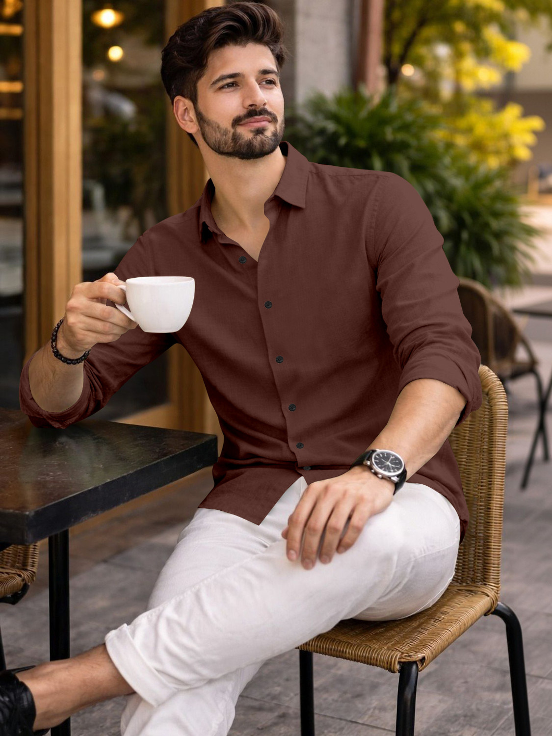 Image of Lolark Men Solid Casual Brown Shirt