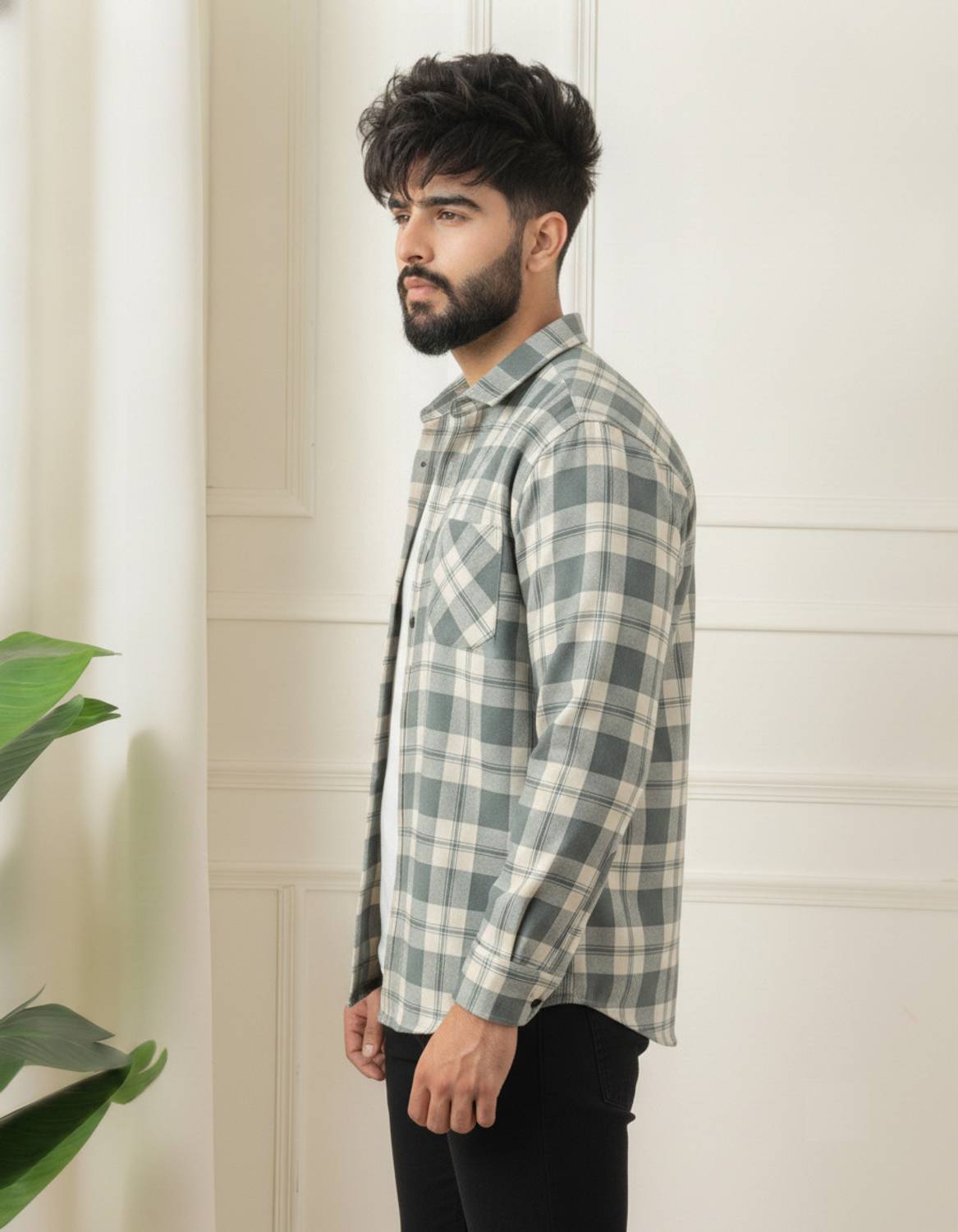 ZONANZA Men Checkered Casual Grey, Cream Shirt - Image 3