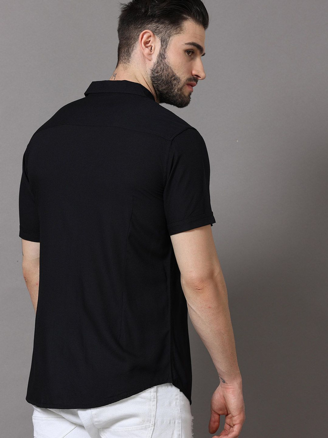 Image of HERE&NOW Men Solid Casual Black Shirt