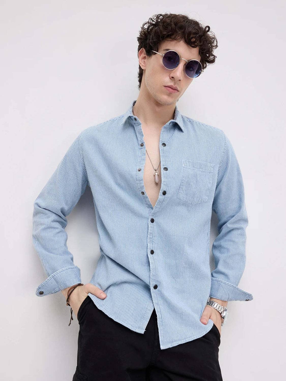 VASTRADO Men Striped Blue Shirt - Image 4