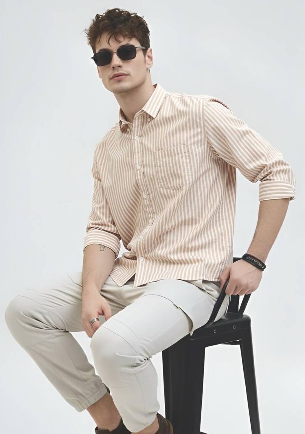 RODEIZ Men Striped Casual Beige Shirt - Image 4