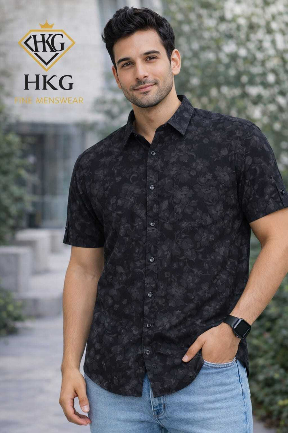 Image of HKG Men Floral Print Casual Black Shirt