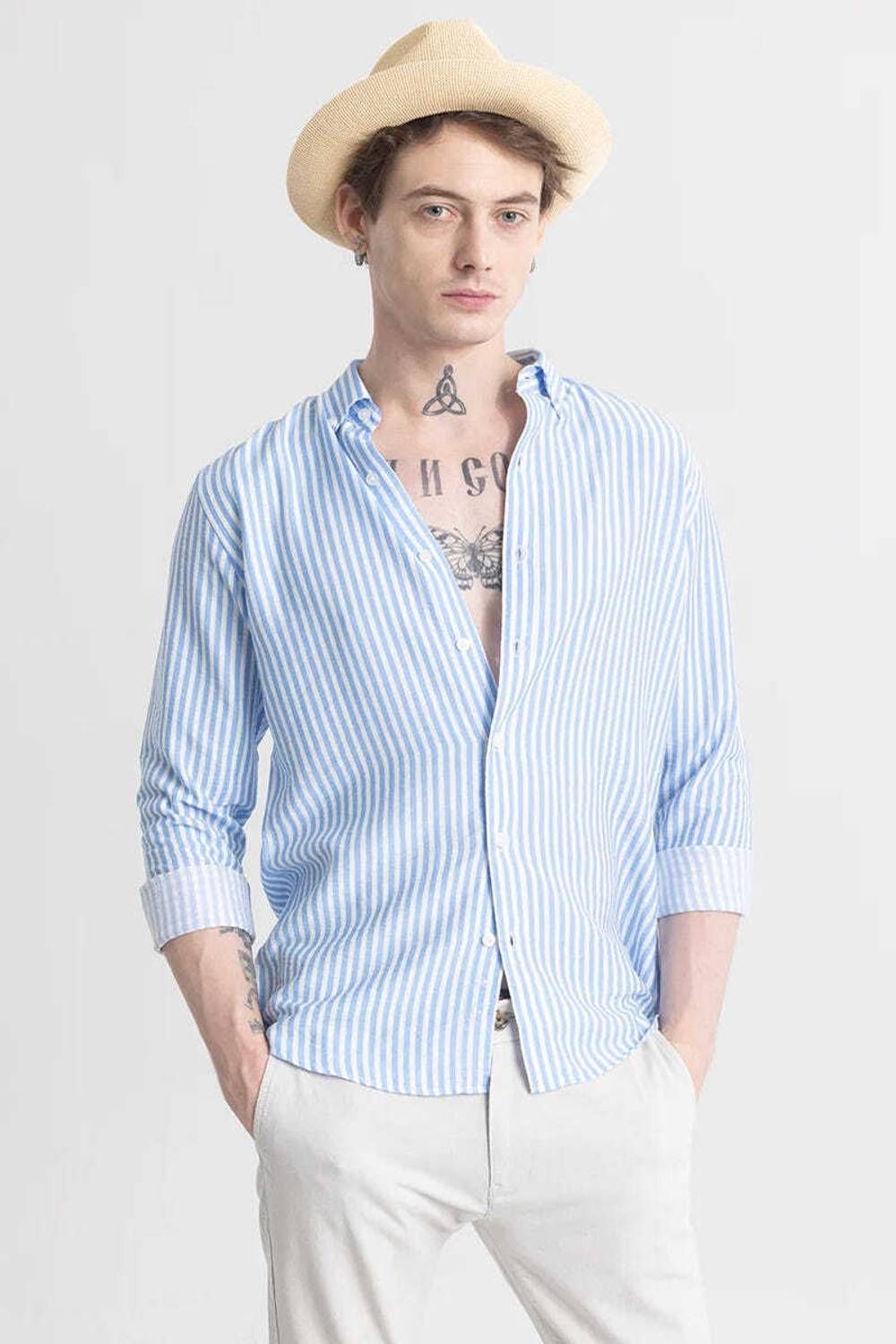 JNV Fashion Men Light Blue Striped Shirt - Image 4