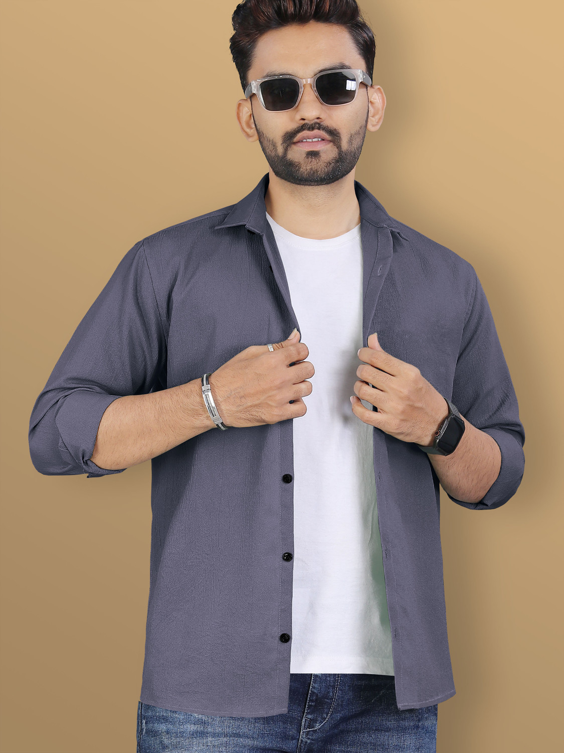 Image of VeBNoR Men Solid Casual Grey Shirt