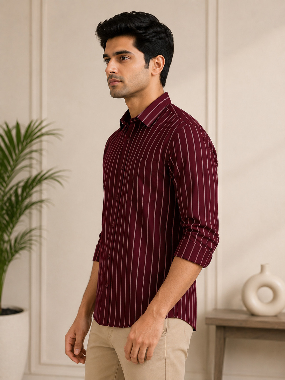 Image of FUBAR Men Striped Casual Maroon Shirt