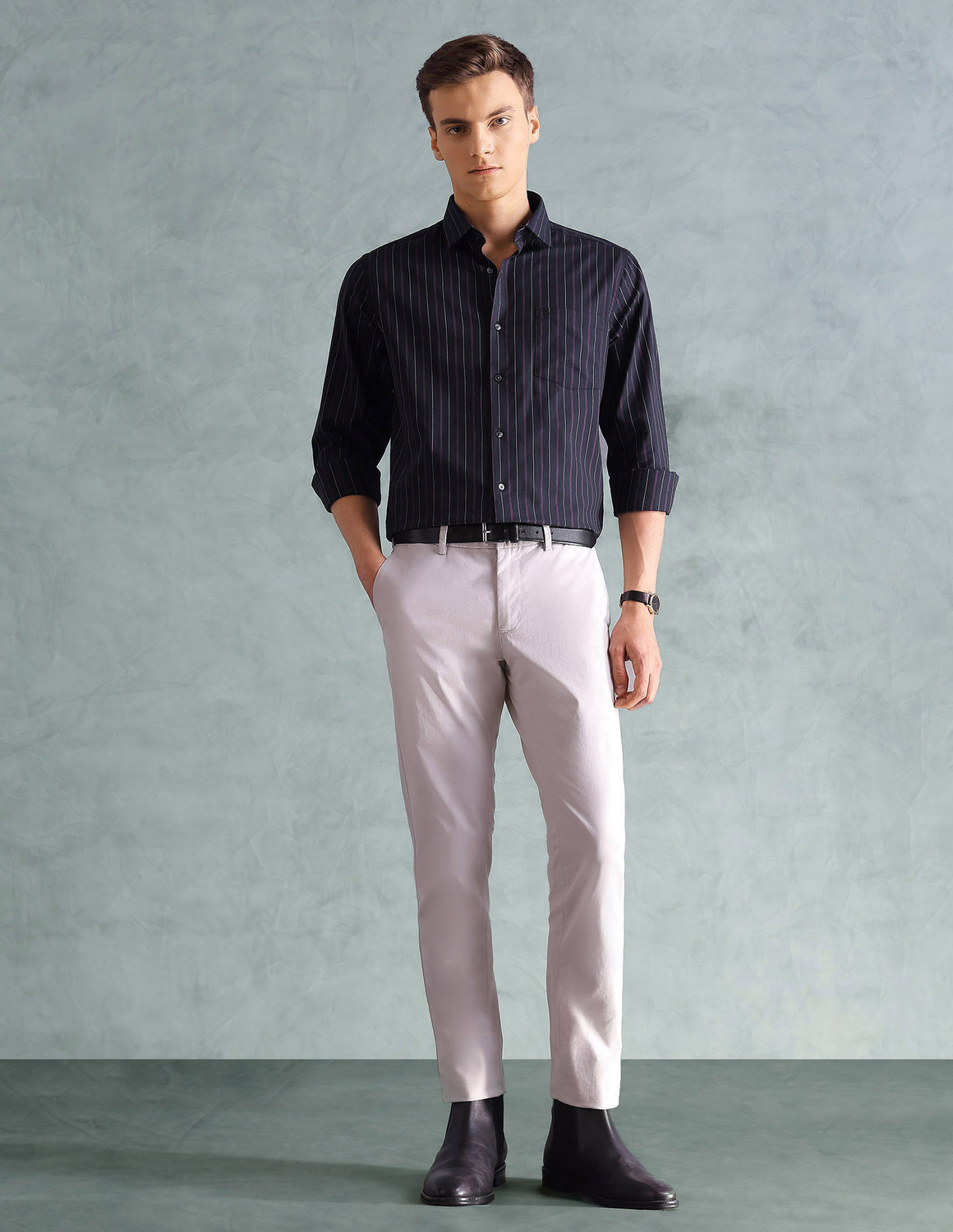 Image of ARROW Men Striped Formal Blue Shirt