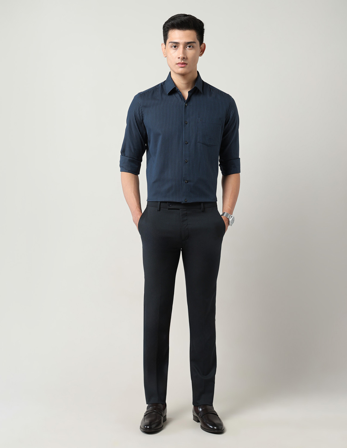 Image of ARROW Men Striped Formal Blue Shirt