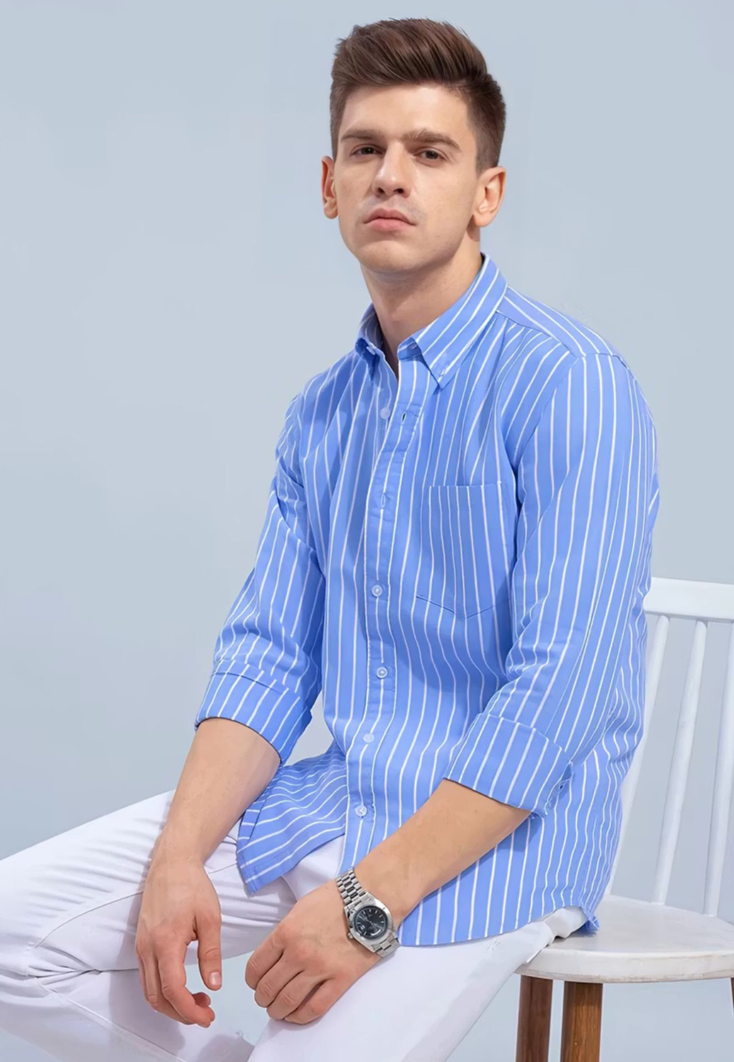 Image of METRONAUT Men Striped Casual Dark Blue Shirt