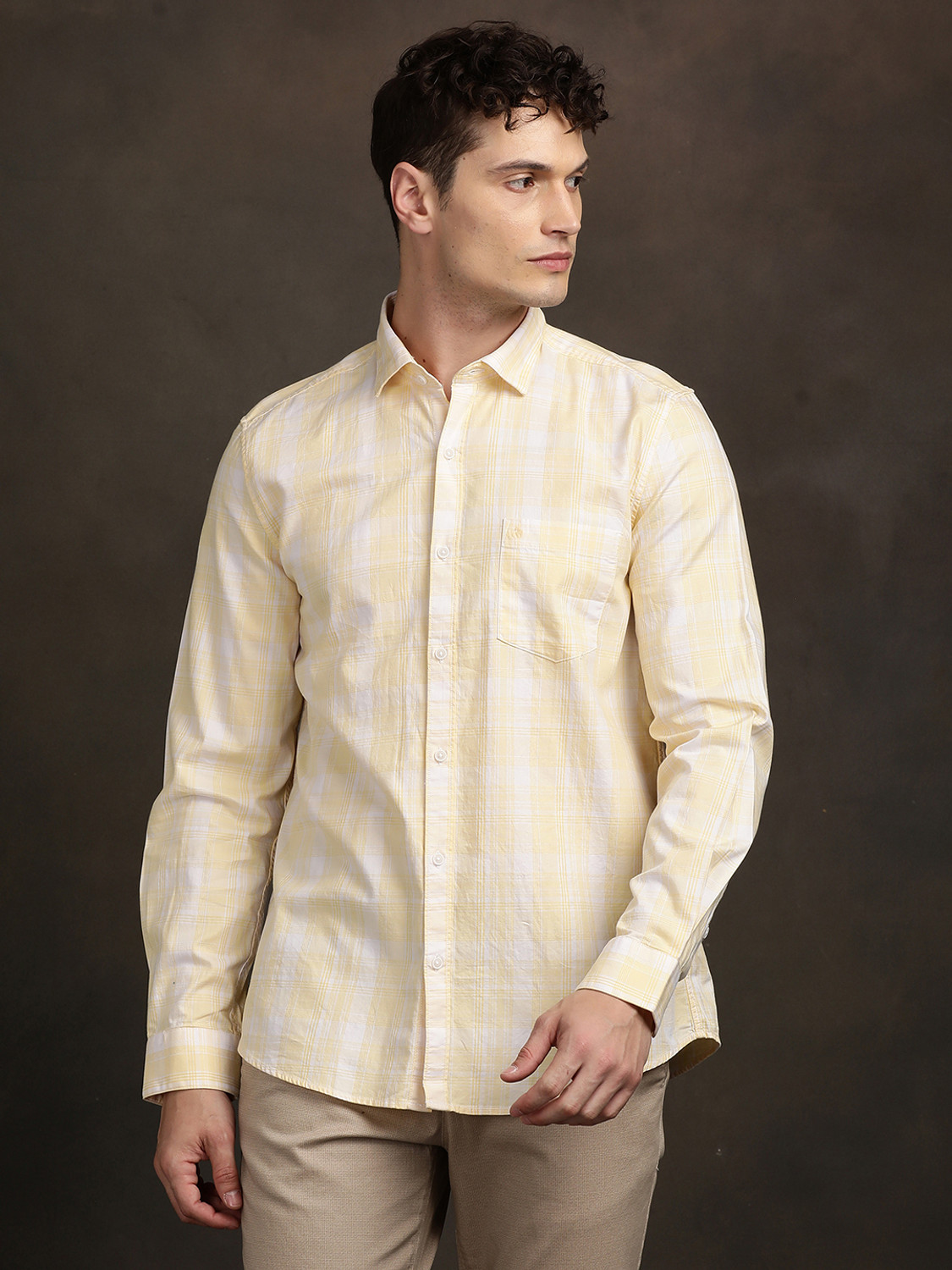 Image of TURTLE Men Checkered Casual Beige Shirt