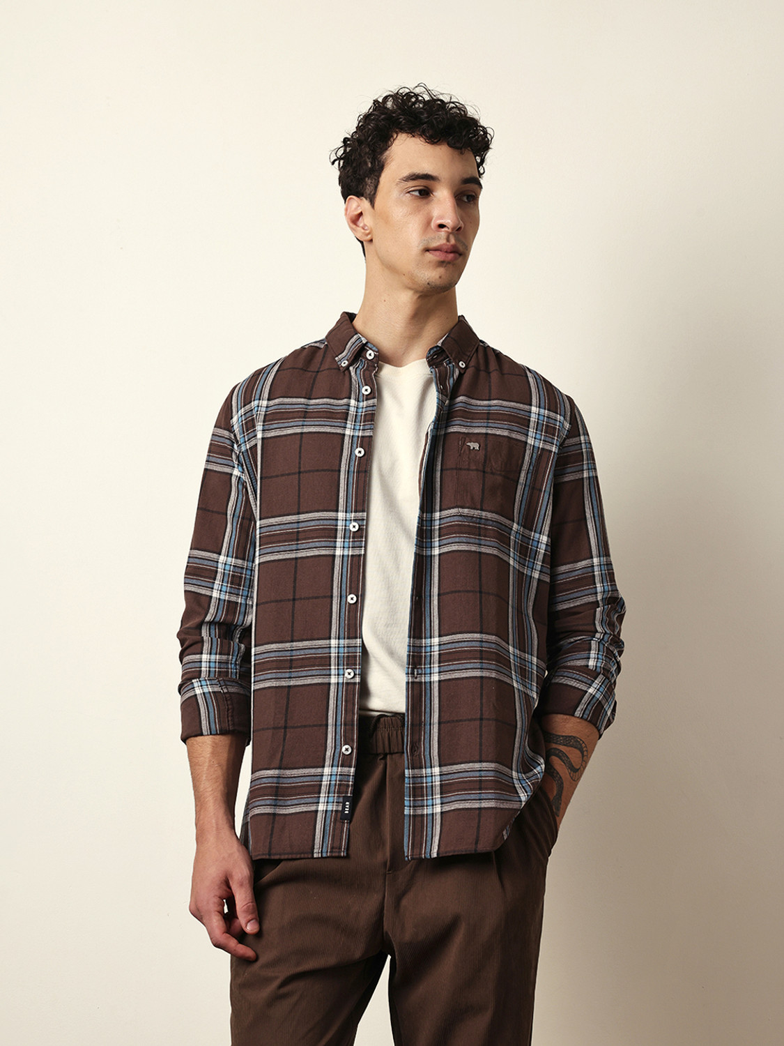 Image of THE BEAR HOUSE Men Checkered Casual Brown Shirt