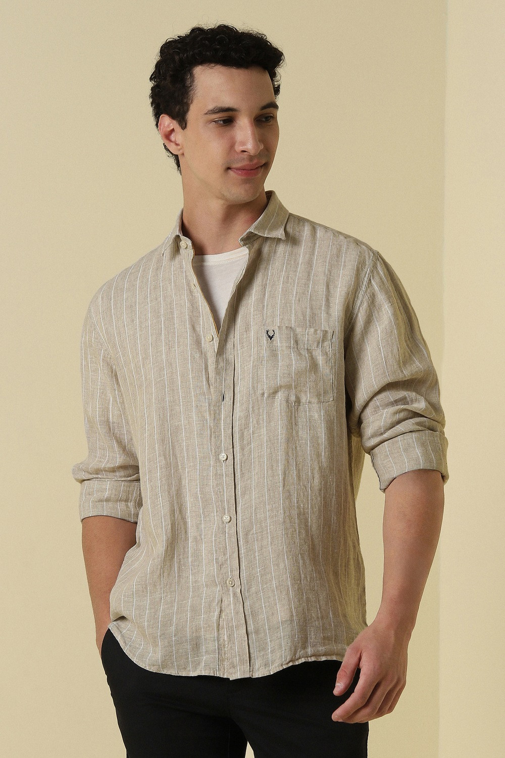 Image of Allen Solly Men Striped Casual Beige Shirt
