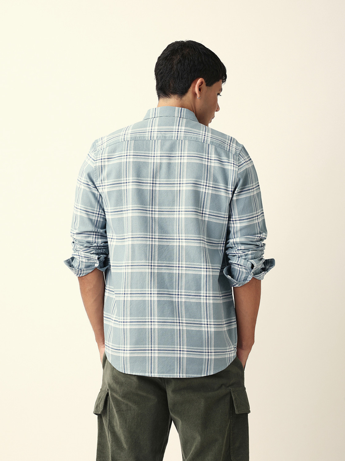Image of THE BEAR HOUSE Men Checkered Casual Light Blue Shirt