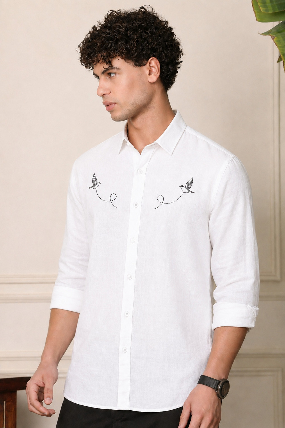 Image of COMBRAIDED Men Floral Print Casual White Shirt