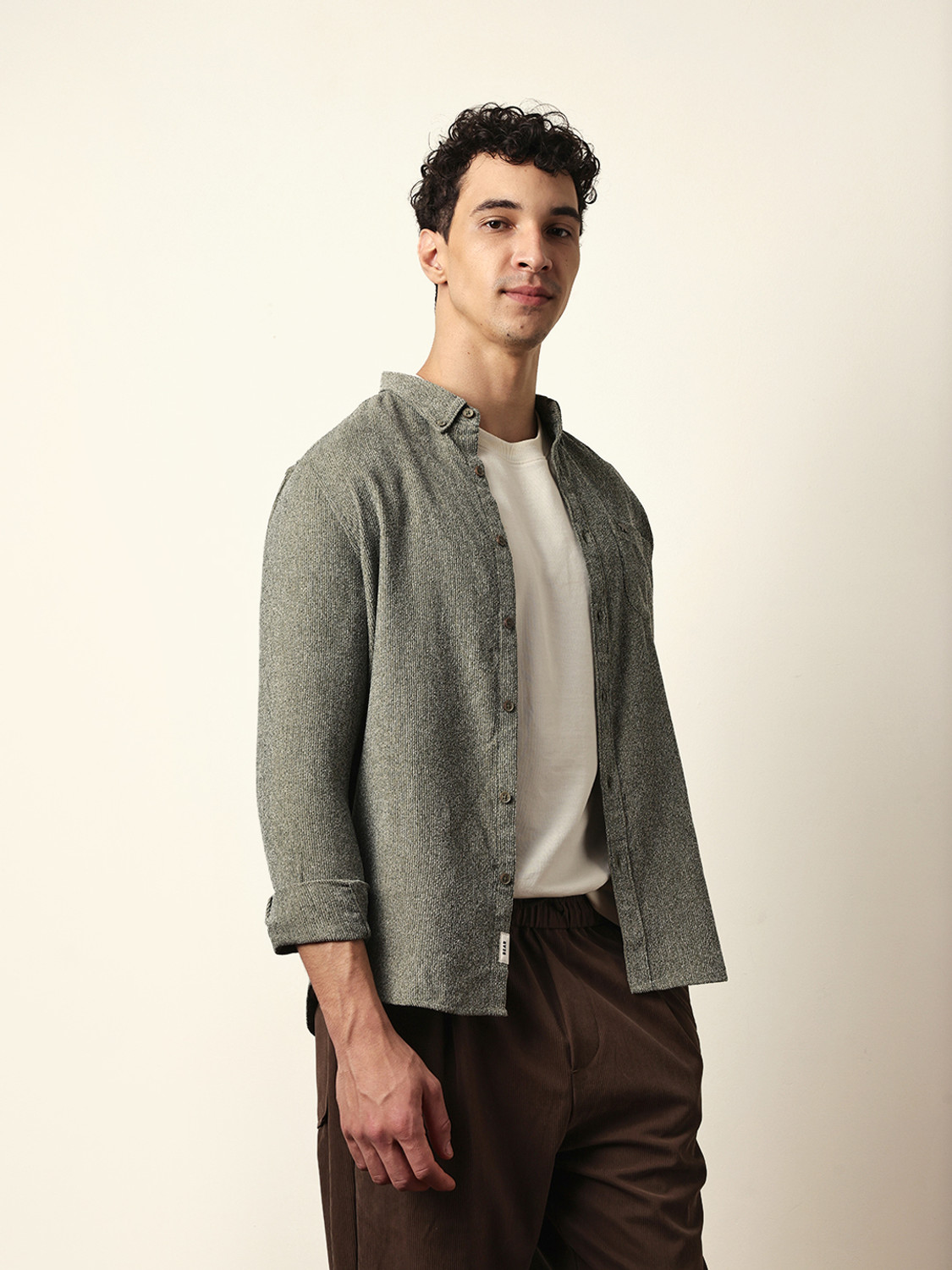 Image of THE BEAR HOUSE Men Self Design Casual Green Shirt