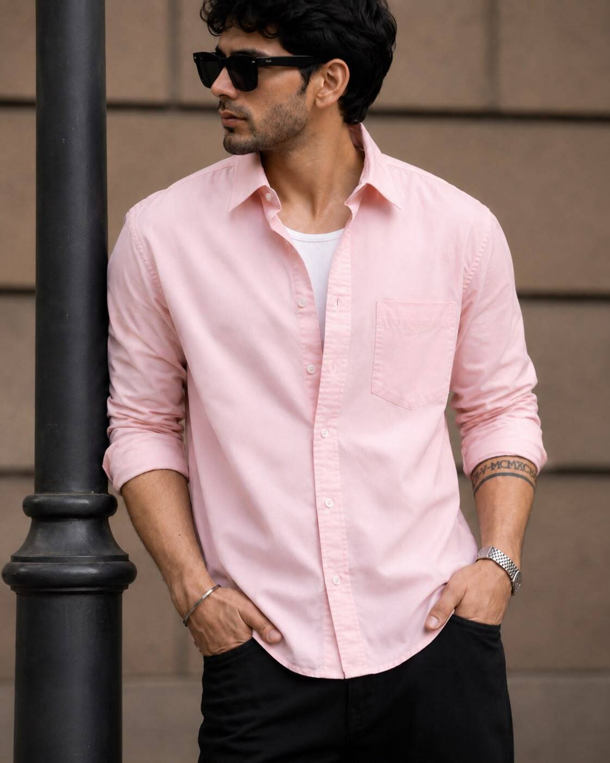 Image of indicare Men Solid Casual Pink Shirt