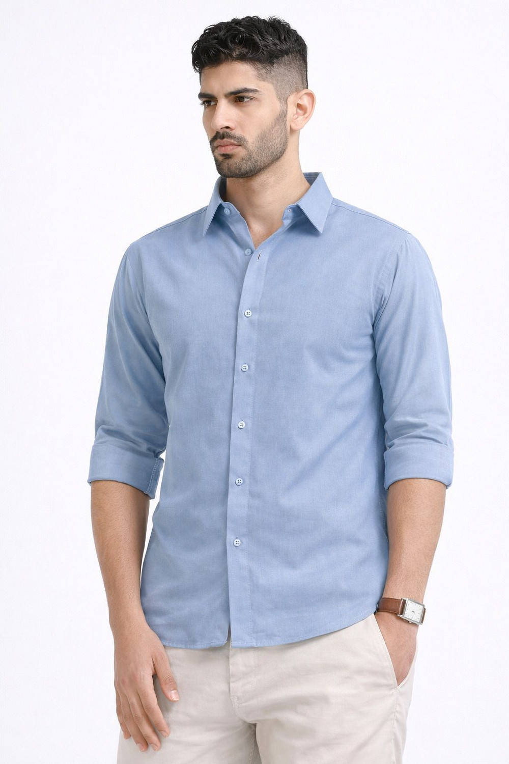 Image of WHISQ Men Solid Casual Light Blue Shirt